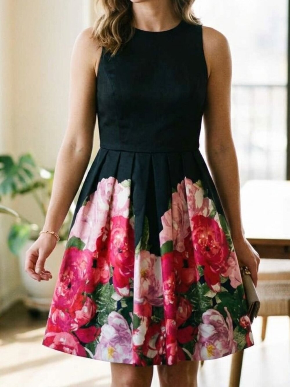 NWT Tahari ASL Floral Fit & Flare Dress Black Pink Red Peony Size 10